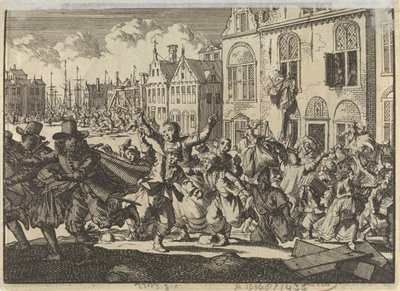 Opprør i Enkhuizen der husene til viseadmiralene Kwast og Turk blir ødelagt, 1635 av Jan Luyken
