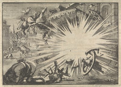 Kong Ludvig XIIIs vogn og hester ødelagt av en infernalsk maskineksplosjon, ca. 1625 av Jan Luyken
