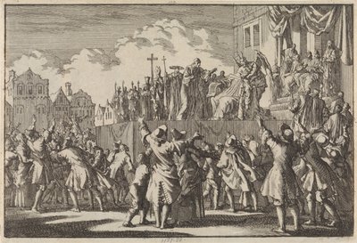 Gatescene i Aberdeen som håner den katolske religionen, 1689 av Jan Luyken