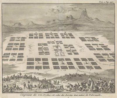 Leirer for Israels tolv stammer satt rundt tabernaklet Campement des XII Tribus, et celui des Levites tout autour du Tabernacle (tittel på objekt) av Jan Luyken