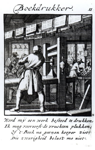 The Book Printer, fra fagboken "Something for All" av Abraham van St. Clara, 1736 (gravering) av Jan Luyken