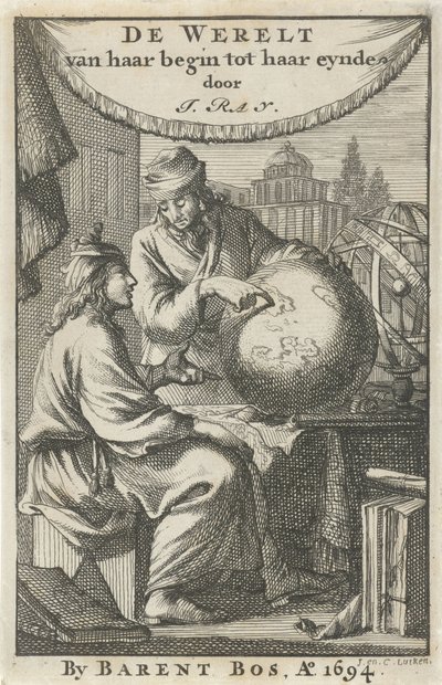 To menn studerer en jordklode Tittelside for: J. Ray, The world from its beginning to its end, 1694 av Jan Luyken