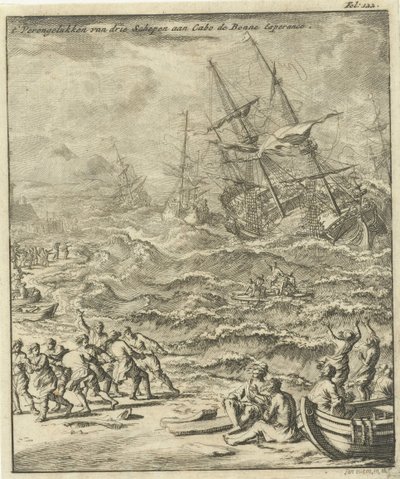 Forlis ved Kapp det gode håp, 1693 The Crashing of Three Ships at Cabo de Bonne Esperance (tittel på objekt) av Jan Luyken