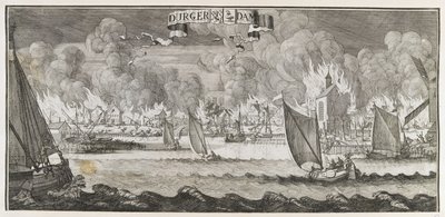 Utsikt over landsbyen Durgerdam, nær Amsterdam, under brannen i 1687 (gravering) av Jan Luyken