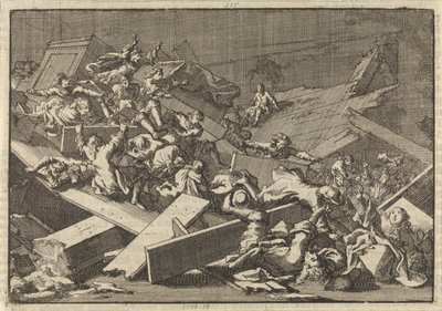 Etasjen i huskirken til den keiserlige befullmektige grev von Bercka kollapser, 1697 av Jan Luyken