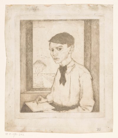 Selvportrett tegning ved et vindu av Jan Mankes