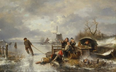 Barn som leker på en frossen innsjø i et vinterlandskap (olje på lerret) av Jan Mari Henri Ten Kate