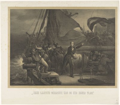 Jan van Speijk var i ferd med å kaste lunta i lasterommet, 1831 Hans siste tanke var flaggets ære (tittel på objekt) av Jan Mesker