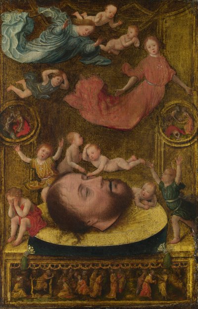Hodet til døperen Johannes, med sørgende engler og Putti, tidlig på 1500-tallet. av Jan Mostaert