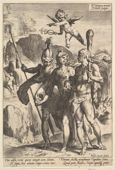 Hercules blir vist den fjellrike veien til Temple of Immortal Fame i selskapet..., ca. 1591. av Jan Muller
