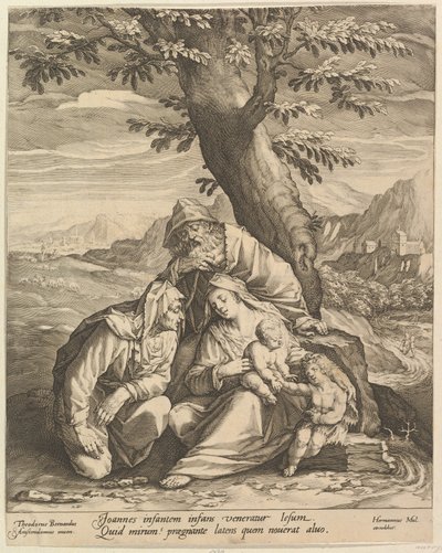 Hellig familie med St. Elizabeth og døperen Johannes, 1588. av Jan Muller