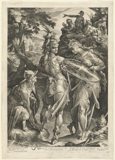 Minerva og Merkur bevæpner Perseus av Jan Muller, after Bartholomaeus Spranger