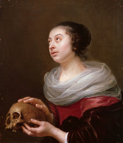 En ung kvinne som holder en hodeskalle, 1640-tallet av Jan Olis