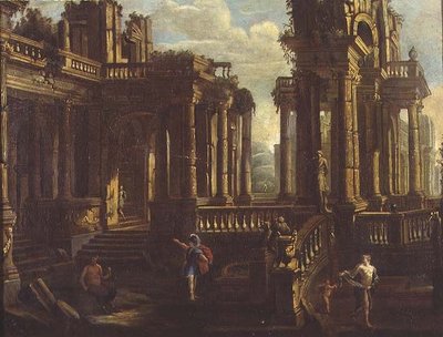 En capriccio av klassiske ruiner med en kriger, en satyr og Amor som jager en nymfe av Jan Peeters