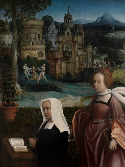 Detalj av giver med Saint Nicholas og donors hustru med Saint Godeliva, ca. 1515-21 (olje på panel) av Jan Provoost