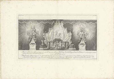 Baksiden av rommet med majesteten til prins William IV, 1751 Fond de la sale dessiné Geometriquement (...) / Meetkonstige Afteekeninge på baksiden Zijde der Zale med Cieraden sooodanigh som de av den Hr. Delage Leuit. Col: Ingen.r og Intendant av Jan Punt