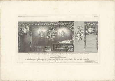 Høyre side av hallen med majesteten til prins William IV, 1751 Representasjon Geometrale du Côte Droit (...) / Meetkonstige Bilde av høyre side av hallen, og venstre side av Splendor Bed, med profilen til 