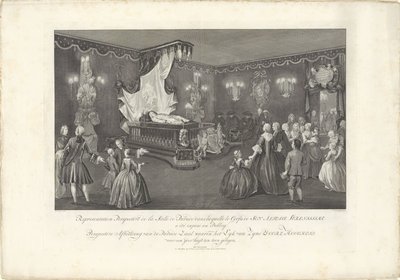 Rom med majesteten til prins William IV, 1751 Representasjon Perspective de la Salle de Parade (...) Perspektiv Bilde av Parade Hall der Lyk van Zyne Doorl. Høyhet for en yder har vært utstilt (tittel på objekt) Flytende seng av W av Jan Punt