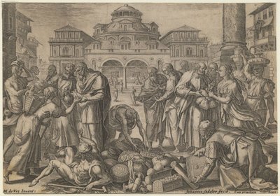 Apostlene deler ut pengene til de som trenger det, ca. 1600 av Jan Sadeler