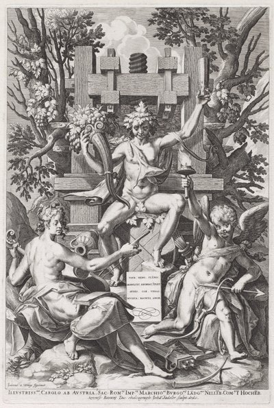 Bacchus sitter på en tønne mellom Amor og musikk av Jan Sadeler I, after Joos van Winghe