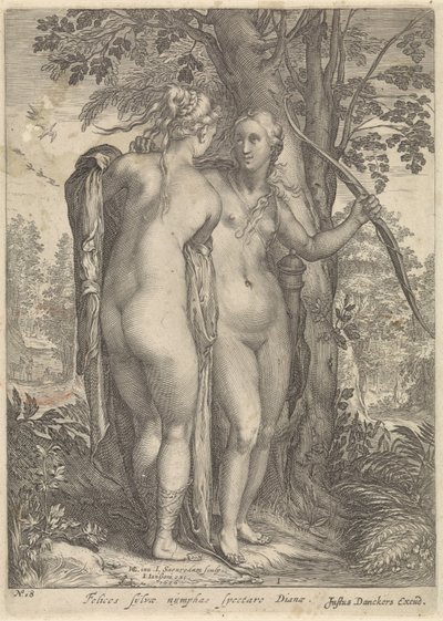 Diana og en nymfe foran et tre Diana og nymfene hennes (serietittel) av Jan Saenredam