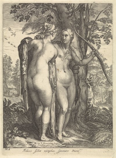 Diana og en nymfe foran et tre Diana og nymfene hennes (serietittel) av Jan Saenredam