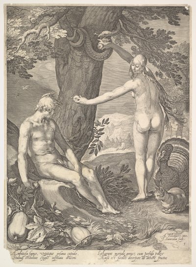 Eva som gir Adam den forbudte frukten, fra historien om Adam og Eva. av Jan Saenredam