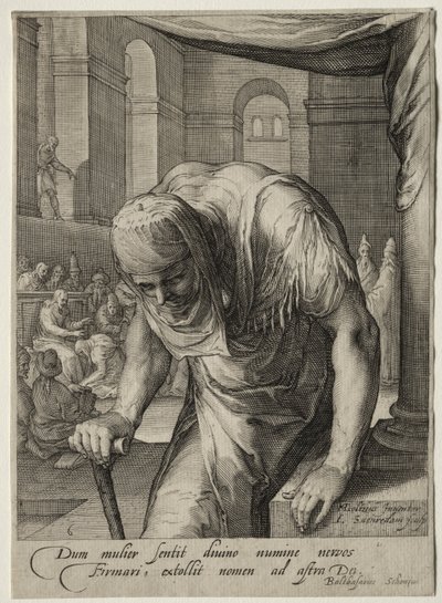 Heltinner fra Det nye testamente: Den forkrøplede kvinnen helbredet av Kristus. av Jan Saenredam