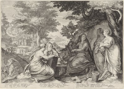 Fem vise jomfruer i et landskap med forkynnelsen av døperen Johannes Lignelse om de kloke og tåpelige jomfruer (serietittel) av Jan Saenredam