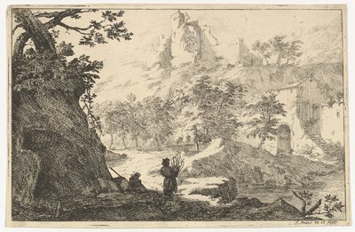 Landskap med ruiner av et slott på en høyde, tidlig på 1700-tallet. av Jan Smees