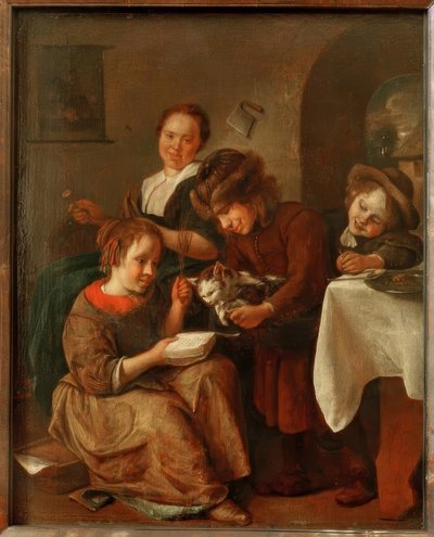 Barn lærer en katt å lese av Jan Havickszoon Steen