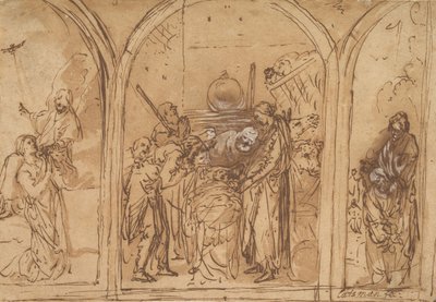Et design for en triptyk med tilbedelsen av de to hellige, tidlig på 1600-tallet. av Jan Symonsz. Pynas