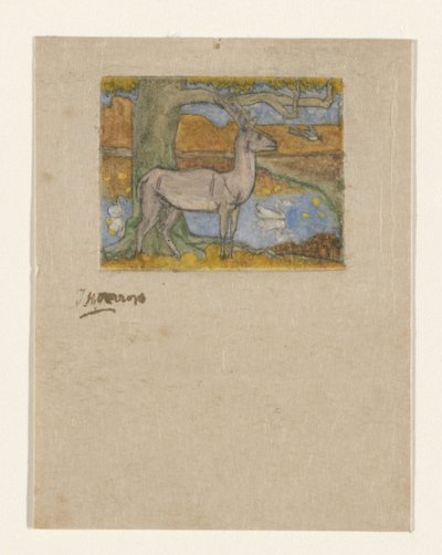 Hjort nær et tre foran en dam Hjort nær et tre (original tittel) av Jan Toorop (signed by artist)
