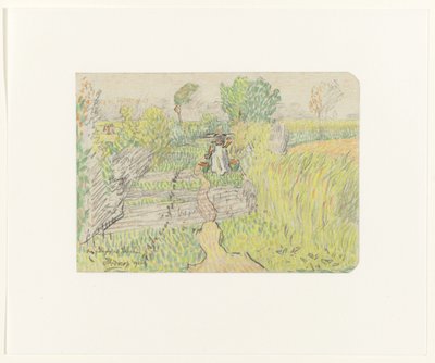 Bondekvinne med åk med melkespann på skuldrene, går gjennom en kornåker av Jan Toorop