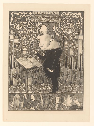 Dirigent med fioliner og rykende skorsteiner bak The State Treasury / The Hearth Cities (original tittel) av Jan Toorop
