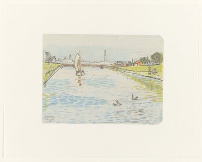 Utsikt over en kanal med et seilskip av Jan Toorop