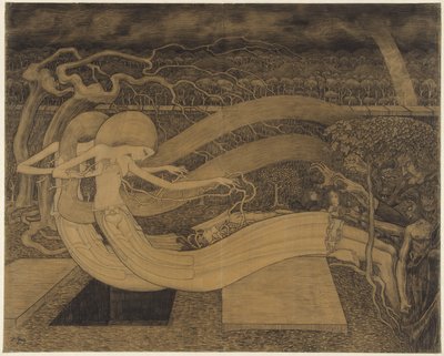 O grav, hvor er din seier? To kvinner ved siden av en mann og en åpen grav O grav, hvor er din seier av Jan Toorop