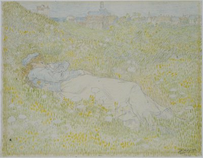 Kvinne som ligger i sanddynene nær Noordwijk Jente som ligger i gresset med silhuetten av Noordwijk i bakgrunnen av Jan Toorop