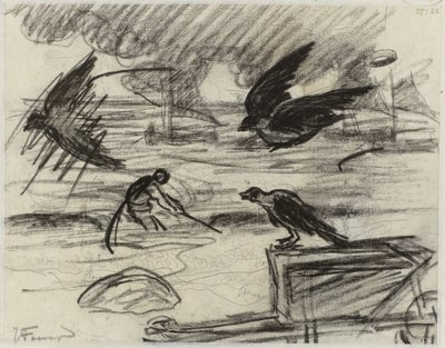 Sjølandskap med fisker, i forgrunnen en trillebår med fugler av Jan Toorop