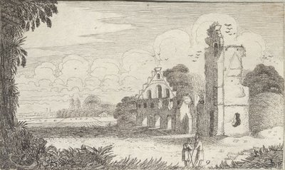 Landskap med en kirke i ruiner og to gjetere i samtale av Jan Van de Velde
