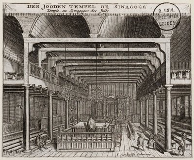 Interiør i den portugisiske synagogen i Amsterdam - Veenhuysen, Jan (aktiv 1656-1685) - Kobberstikk - 11,2x13,7 - Leiden universitetsbibliotek av Jan Veenhuysen
