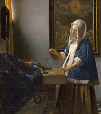 Kvinne holder en balanse av Jan Vermeer van Delft