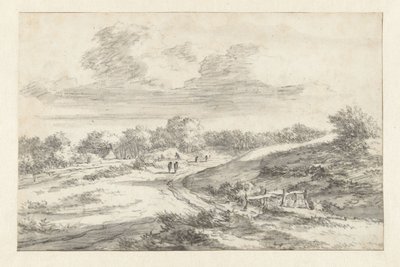 Sanddynelandskap med figurer langs en vei, med en hytte i det fjerne av Jan Vermeer van Haarlem (I) (attributed to)