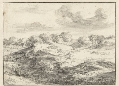 Dunelandskap, med en hytte i det fjerne av Jan Vermeer van Haarlem (I) (attributed to)