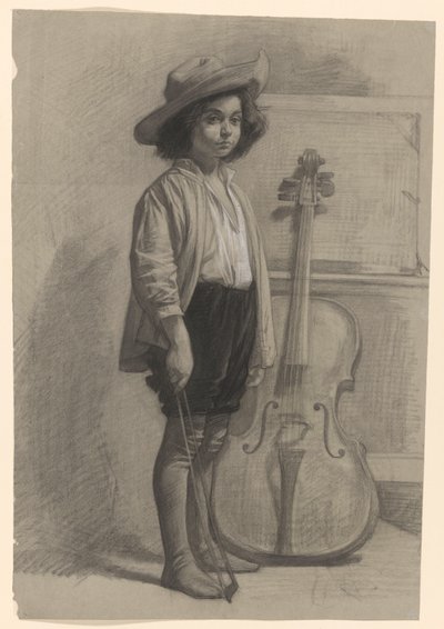 Gutt som står ved en cello av Jan Veth