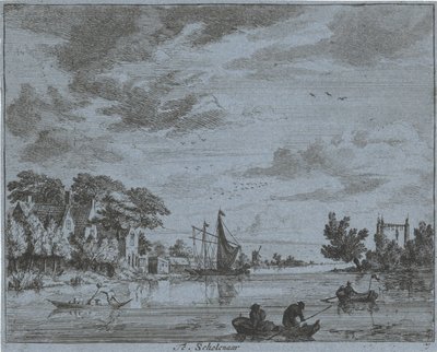 Forretninger ved en elv Te, skolegutt (tittel på objekt) Landskap i Haarlem-området (serietittel) Gesigten utenfor Haarlem, Utført av. J.V.V. (serietittel på objekt) av Jan Vincentsz. van der Vinne