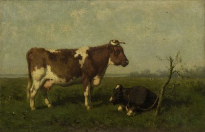 En ku med kalven sin i en eng av Johannes Martinus Vrolijk