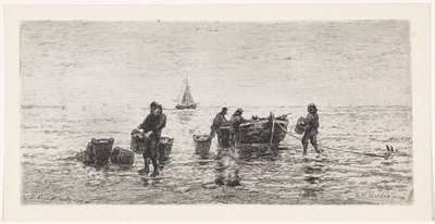Fiskere tømmer en slupp på stranden av Johannes Martinus Vrolijk
