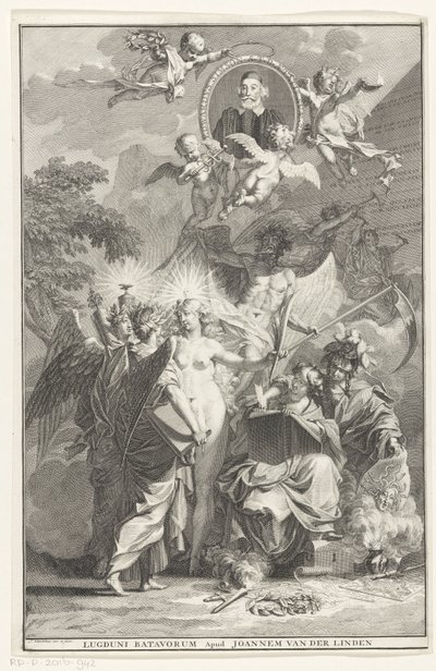 Allegorisk tittelside med portrettet av forfatteren Edward Simson Tittelside for: Edward Simson, Chronicon historiam catholicam complectens, 1729 av Jan Wandelaar