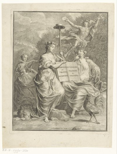 Personifikasjoner av de østerrikske Nederlandene og Frankrike lavtysk og fransk ordbok / Dictionnaire Flamand et François (tittel på objekt) Tittelside for: François Halma, Het Groot Fransch en Nederduitsch ordbok, 1761 av Jan Wandelaar